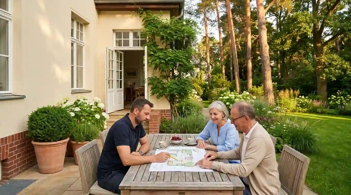 Gartenbau Berlin Zehlendorf – Beratung und Gartenplanung vor Ort Gartenplanung in Berlin-Zehlendorf: Landschaftsgärtner bespricht einen Gartenplan mit einem Ehepaar auf der Terrasse einer Villa – Berliner Galabau