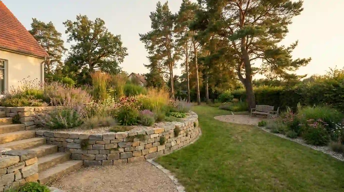 Trockenmauer aus Sandstein mit Stauden und Natursteinstufen in einem Hanggarten in Berlin-Spandau – Berliner Galabau
