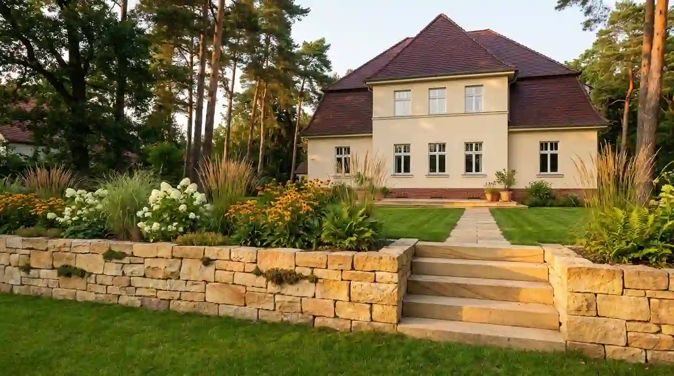 Natursteinarbeiten Zehlendorf – Trockenmauer und Sandsteintreppe Natursteinarbeiten in Berlin-Zehlendorf: Trockenmauer und Treppe aus Sandstein im Garten einer Villa – Berliner Galabau