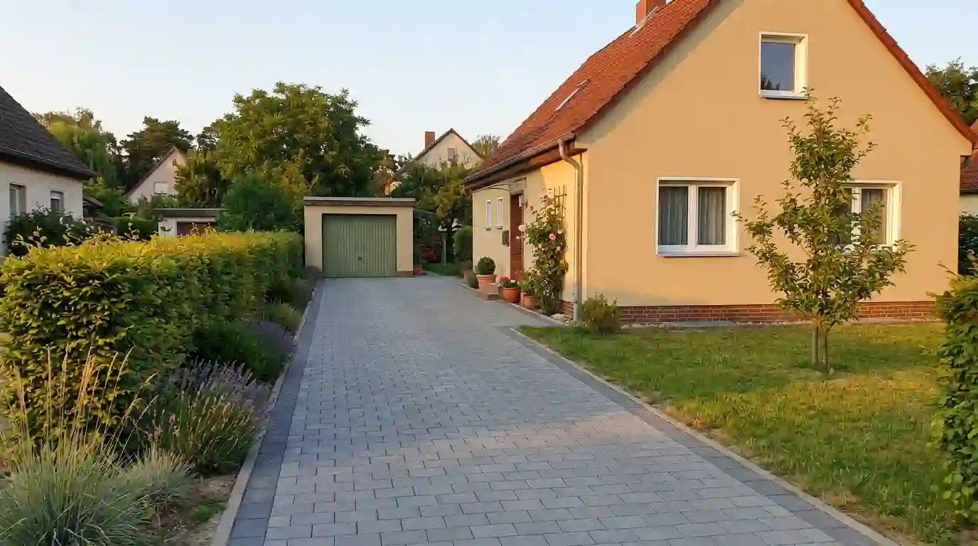 Neu gepflasterte Einfahrt mit Betonsteinpflaster in Berlin-Tempelhof – Berliner Galabau