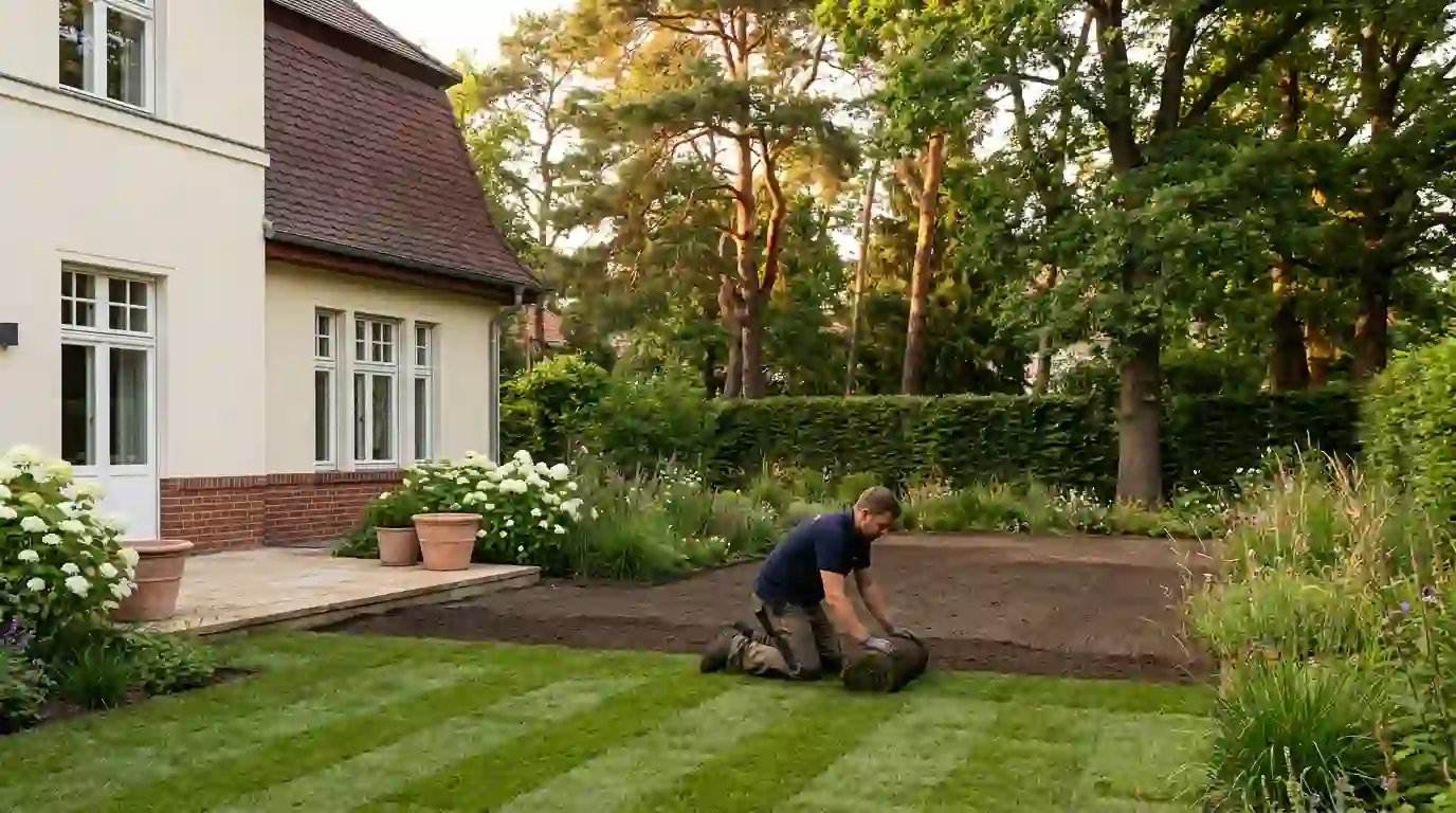 Rollrasen Zehlendorf – Verlegung und Kosten pro Quadratmeter Rollrasen verlegen in Berlin-Zehlendorf: Landschaftsgärtner verlegt Rasenbahnen im Verband im Garten einer Villa – Berliner Galabau