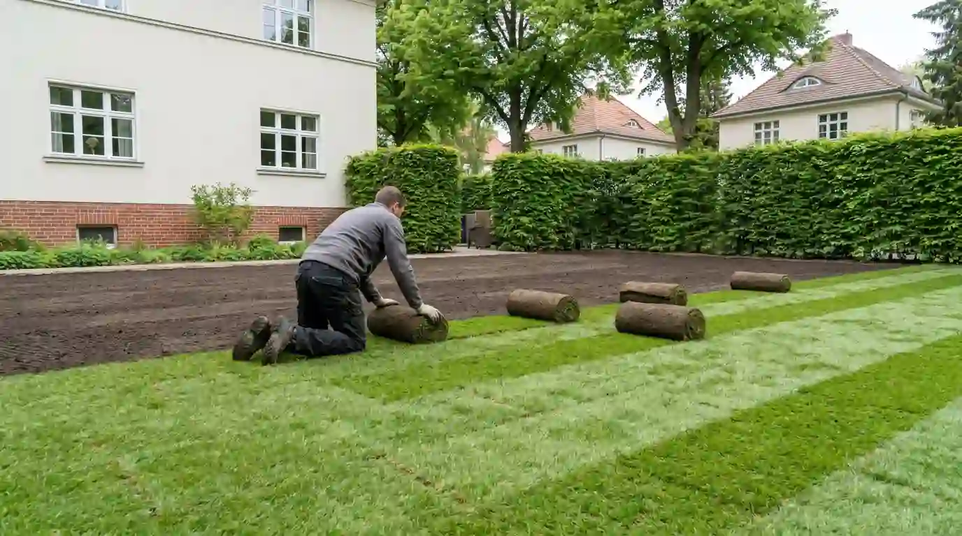 Verlegung von Rollrasen in einem Garten in Berlin-Steglitz durch Berliner Galabau