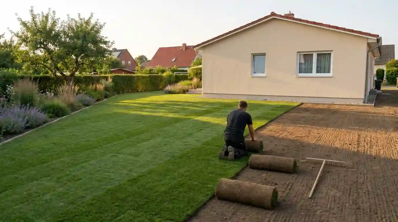 Frisch verlegter Rollrasen in einem Garten in Berlin-Tempelhof – Berliner Galabau