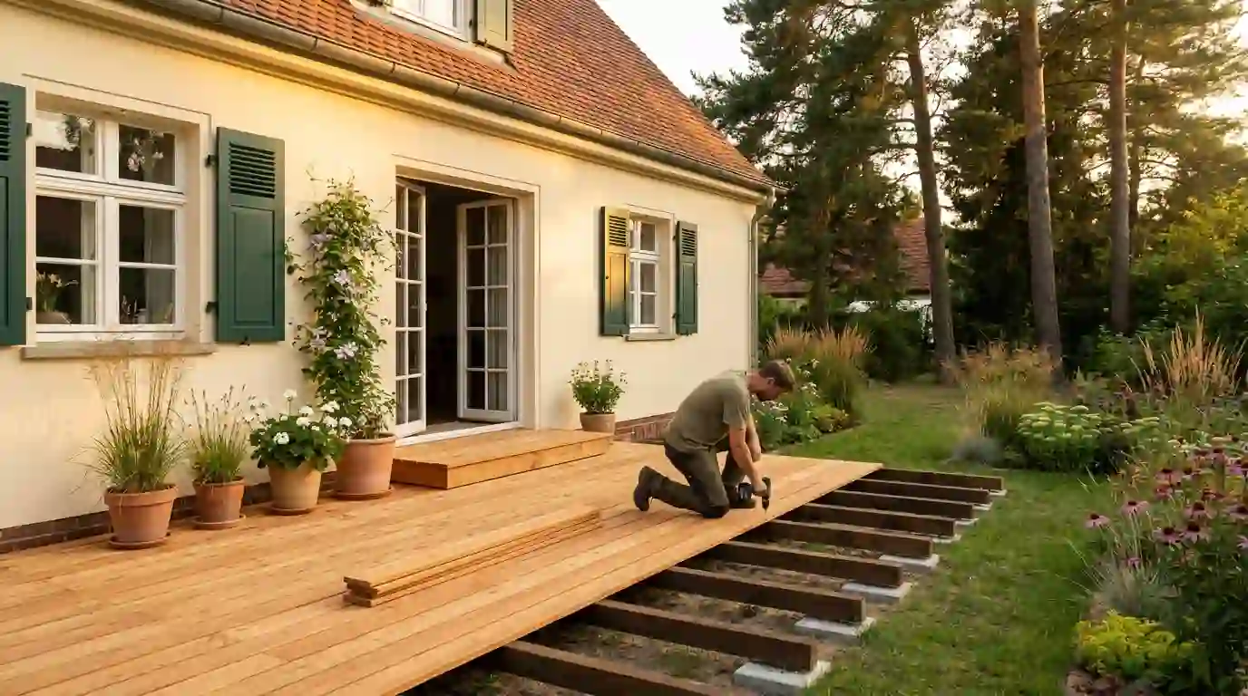 Gärtner verschraubt Lärchendielen einer neuen Holzterrasse an einem Landhaus in Berlin-Spandau – Terrassenbau von Berliner Galabau