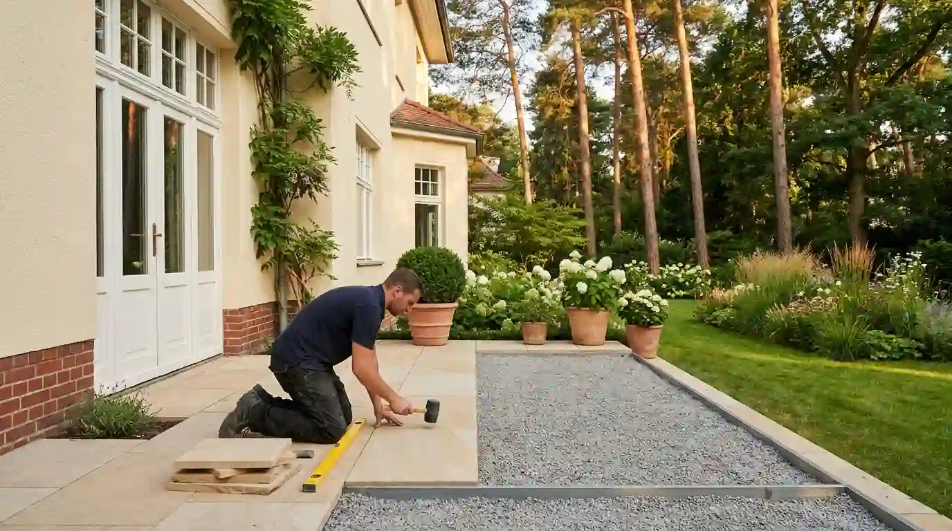 Terrassenbau Zehlendorf – Natursteinterrasse direkt am Haus verlegen Terrassenbau in Berlin-Zehlendorf: Landschaftsgärtner verlegt Sandsteinplatten auf Splittbett direkt an einer Villa – Berliner Galabau