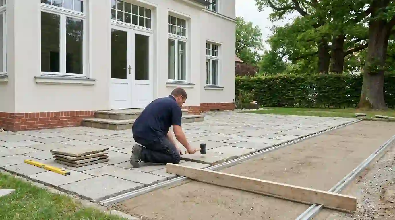 Verlegung einer Natursteinterrasse an einem Landhaus in Berlin-Steglitz durch Berliner Galabau