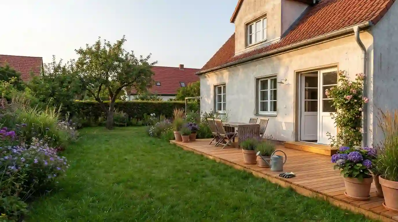 Neue Holzterrasse aus Lärche an einem Siedlungshaus in Berlin-Tempelhof – Berliner Galabau
