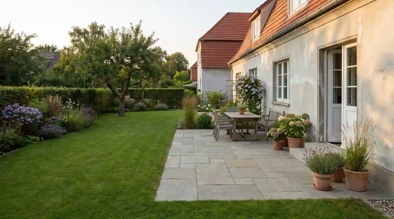 Neue Natursteinterrasse an einem Siedlungshaus in Berlin-Tempelhof – Berliner Galabau