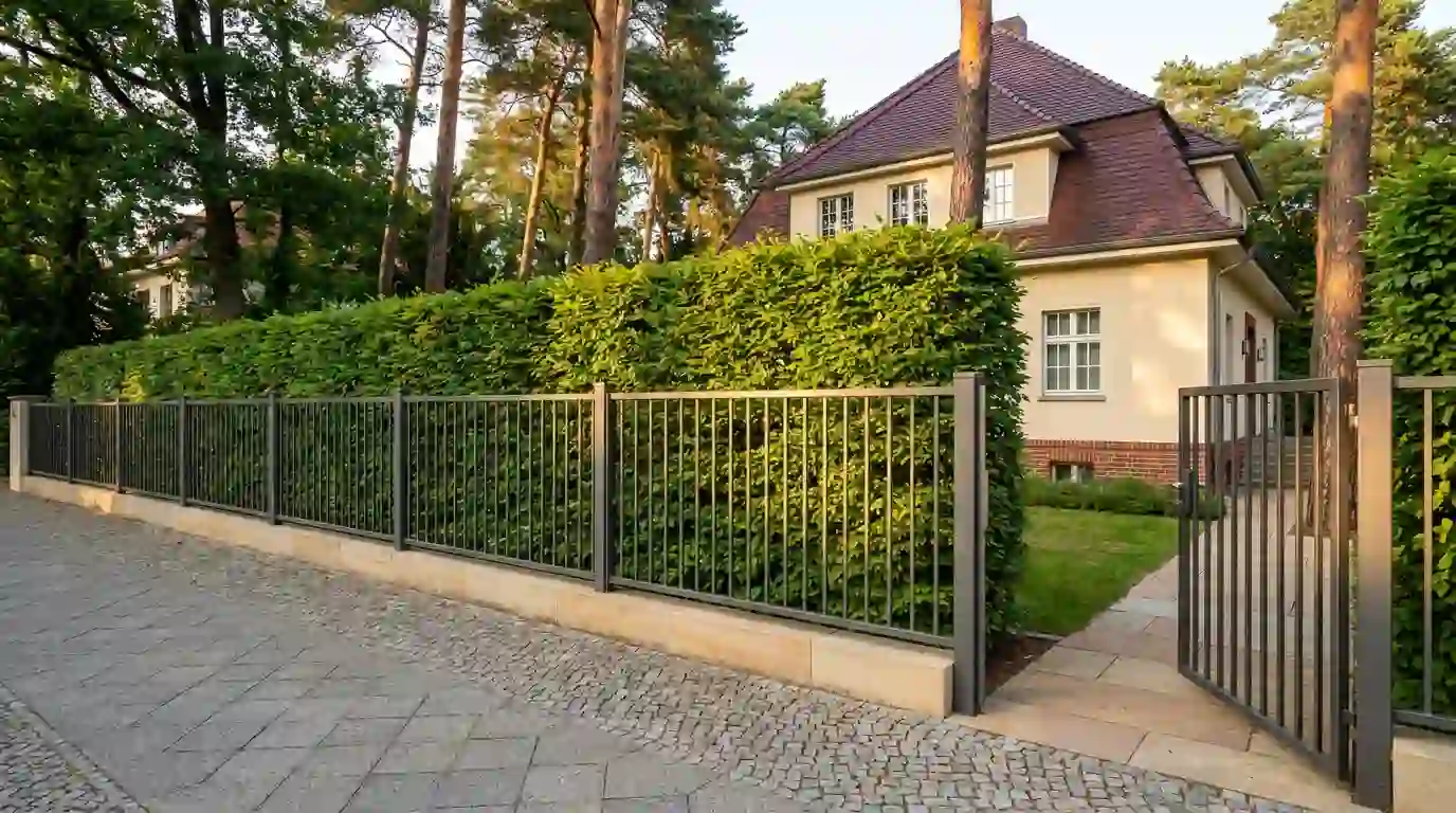 Zaunbau Zehlendorf – Metallzaun mit Hainbuchenhecke als Sichtschutz Zaunbau und Sichtschutz in Berlin-Zehlendorf: Metallzaun mit Gartentor und Hainbuchenhecke vor einer Villa – Berliner Galabau